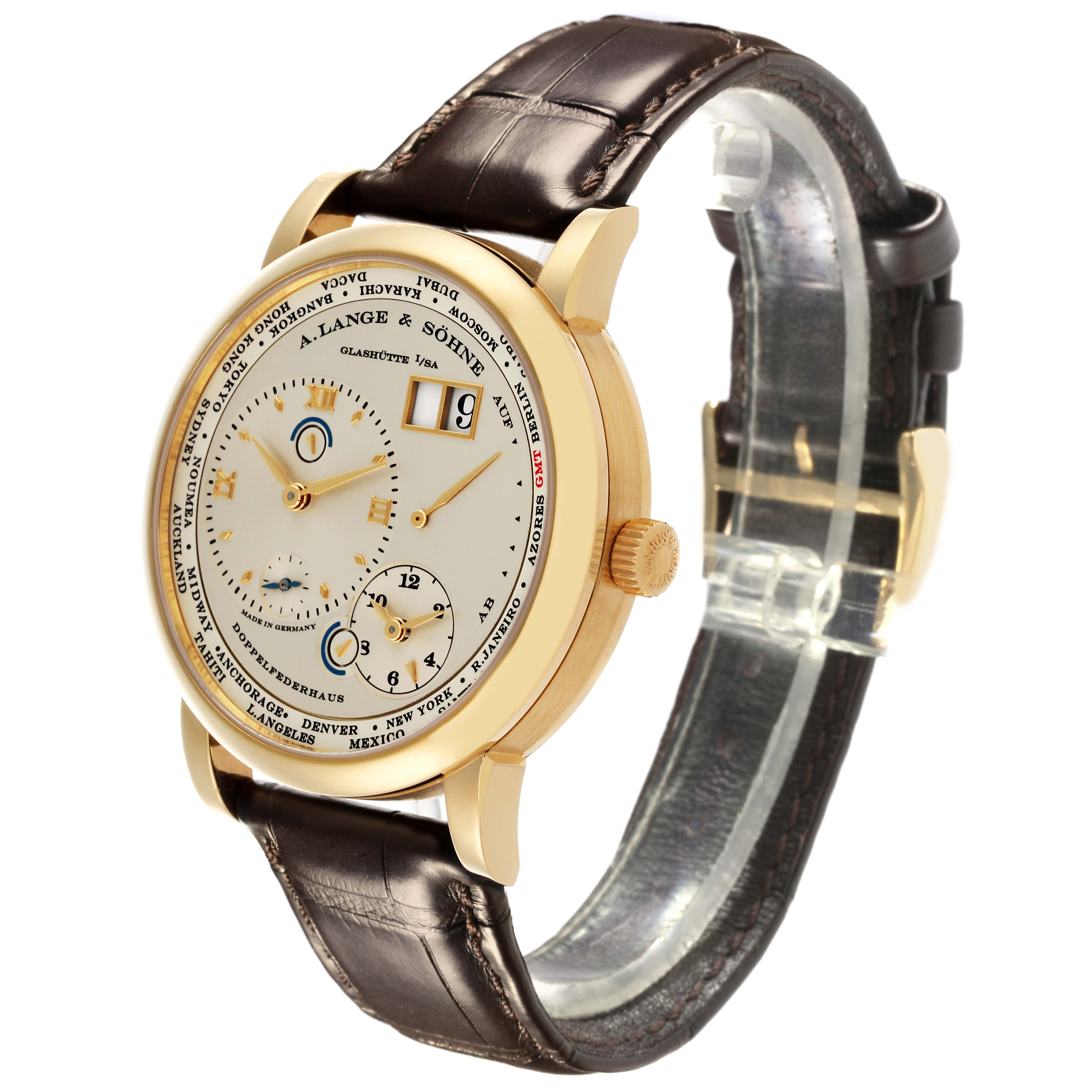 The Lange 1 by A. Lange & Söhne is shown from a three-quarter angle, highlighting the dial, case, and leather strap.