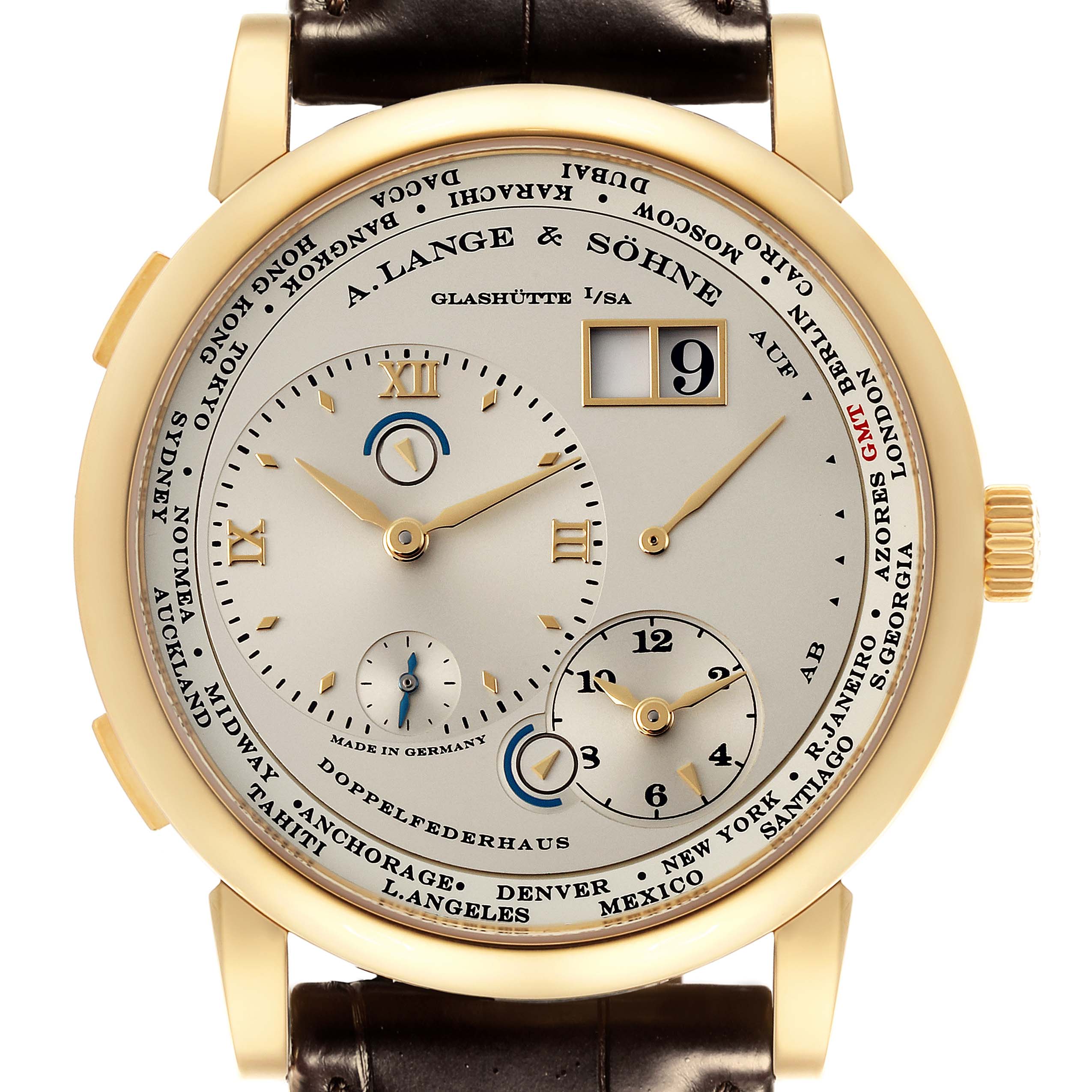 The A. Lange & Sohne Lange 1 116.021 Men's Yellow Gold Silver Dial is shown from a front angle, displaying its dial, hands, date window, and strap attachment.