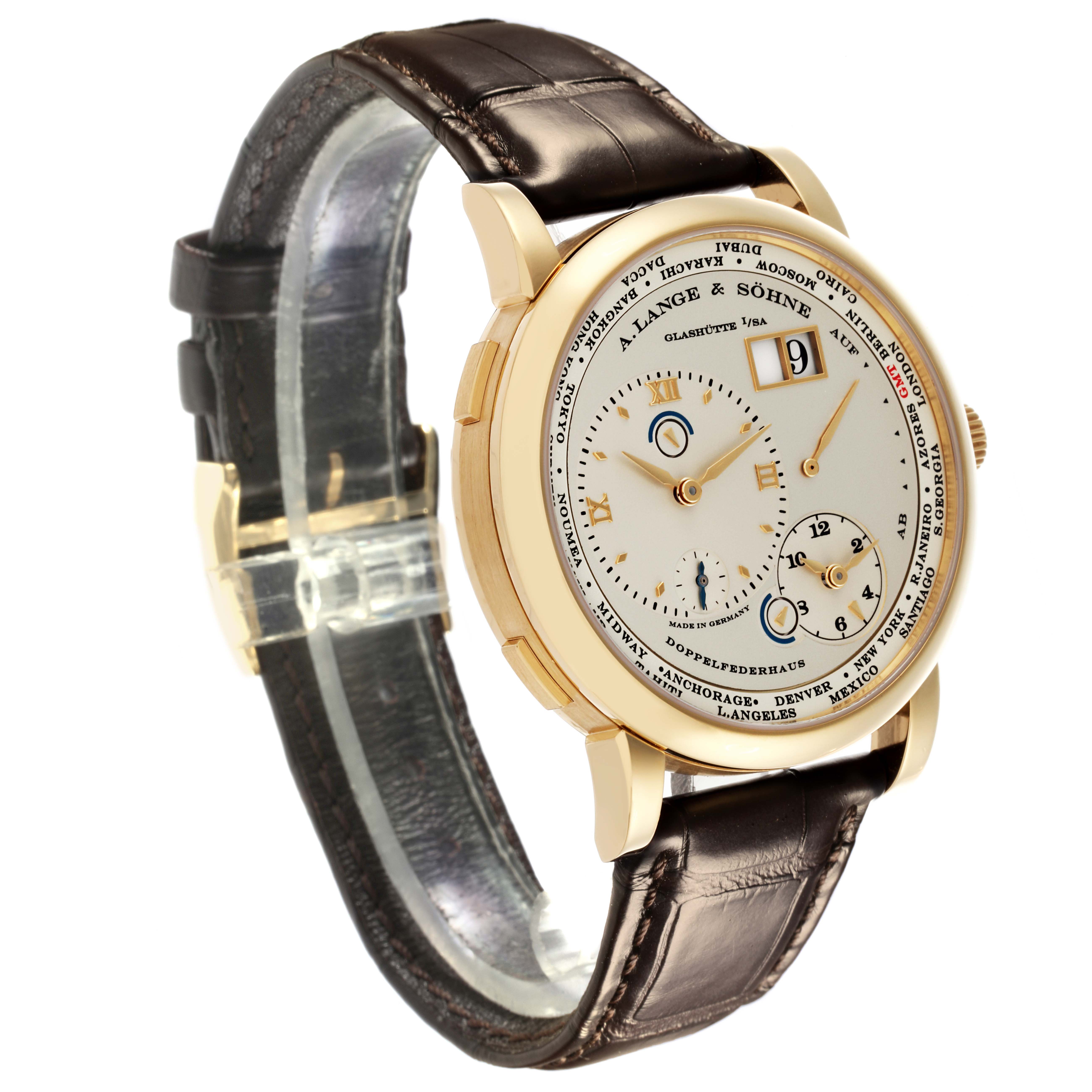 The Lange 1 by A. Lange & Söhne is shown at a side angle, highlighting the dial, bezel, and leather strap.