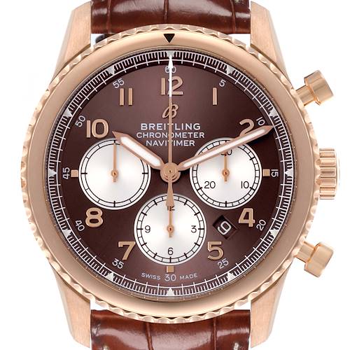 The Breitling Navitimer RB0117131Q1P1 Men's Rose Gold Brown Dial RB0117131Q1P1 Men's Rose Gold Brown Dial watch is shown from a front angle, highlighting its dial and chronograph subdials.
