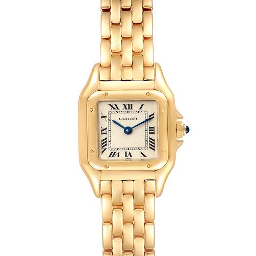 This image shows a front view of the Cartier Panthere W25022B9 Women's Yellow Gold Silver Dial W25022B9 Women's Yellow Gold Silver Dial watch, detailing the face, bezel, crown, and bracelet.