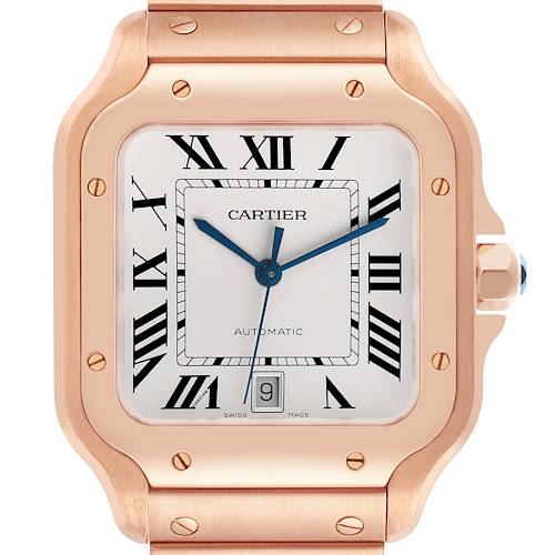 The watch, a Cartier Santos WGSA0007 Men's Rose Gold Silver Dial WGSA0007 Men's Rose Gold Silver Dial model, is shown from the front, highlighting the case, face, and bezel.