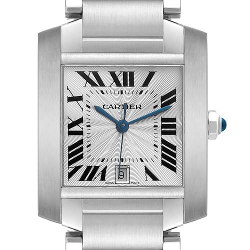 The Cartier Tank Française watch is shown from the front, highlighting the face, case, and part of the bracelet.