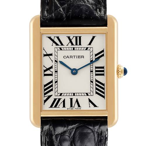 The Cartier Tank Solo W5200004 Men's Steel and Gold (two tone) Silver Dial W5200004 Men's Steel and Gold (two tone) Silver Dial watch is shown from a front angle, displaying the dial, Roman numerals, hands, and strap.
