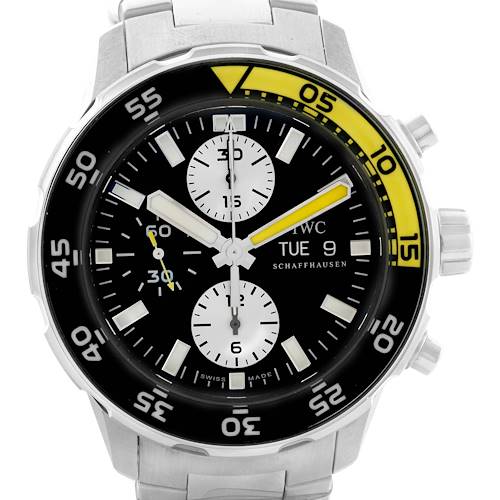 The IWC Aquatimer IW376701 Men's Stainless Steel Black Dial IW376701 Men's Stainless Steel Black Dial watch is shown from a front angle, displaying the dial, bezel, and part of the bracelet.