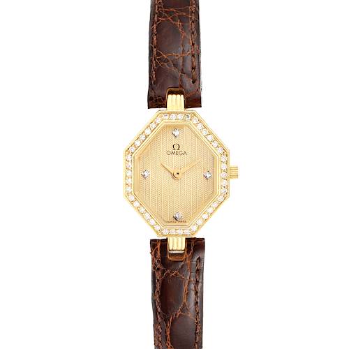 This image shows a front view of the Omega 1450 Women's Yellow Gold Champagne Dial 1450 Women's Yellow Gold Champagne Dial DeVille Mini Yellow Gold Diamond Cocktail Ladies Watch 1450, highlighting its case and leather strap.