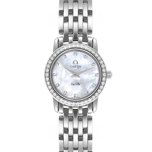 The image shows a front view of the Omega 4575.76 Women's Stainless Steel Mother of Pearl Dial 4575.76 Women's Stainless Steel Mother of Pearl Dial DeVille Prestige Mother Of Pearl Diamond Steel Ladies Watch 4575.76, highlighting its face and bracelet.
