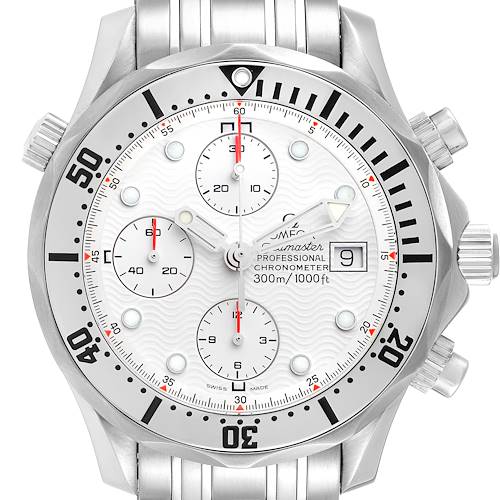 The image shows a front view of the Omega Seamaster 2598.20.00 Men's Stainless Steel White Dial 2598.20.00 Men's Stainless Steel White Dial watch displaying its dial, bezel, and chronograph subdials.