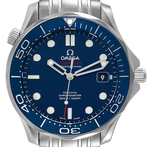 This is an Omega Seamaster, showing the dial, bezel, hands, and part of the bracelet, viewed from the front.