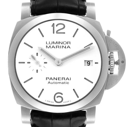 The Panerai Luminor PAM01371 Men's Stainless Steel White Dial PAM01371 Men's Stainless Steel White Dial watch is shown from the front, highlighting the dial, crown guard, and leather strap.