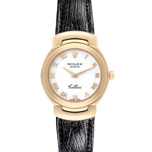 The Rolex Cellini 6621 Women's Yellow Gold White Dial 6621 Women's Yellow Gold White Dial watch is shown from the front, displaying the dial, bezel, and black leather strap.