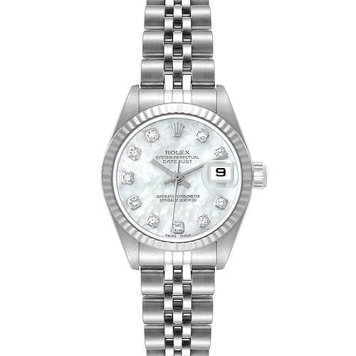 The image shows a front view of the Rolex Datejust 79174 Women's Stainless Steel Mother of Pearl Dial 79174 Women's Stainless Steel Mother of Pearl Dial watch, featuring its dial, bezel, and bracelet.