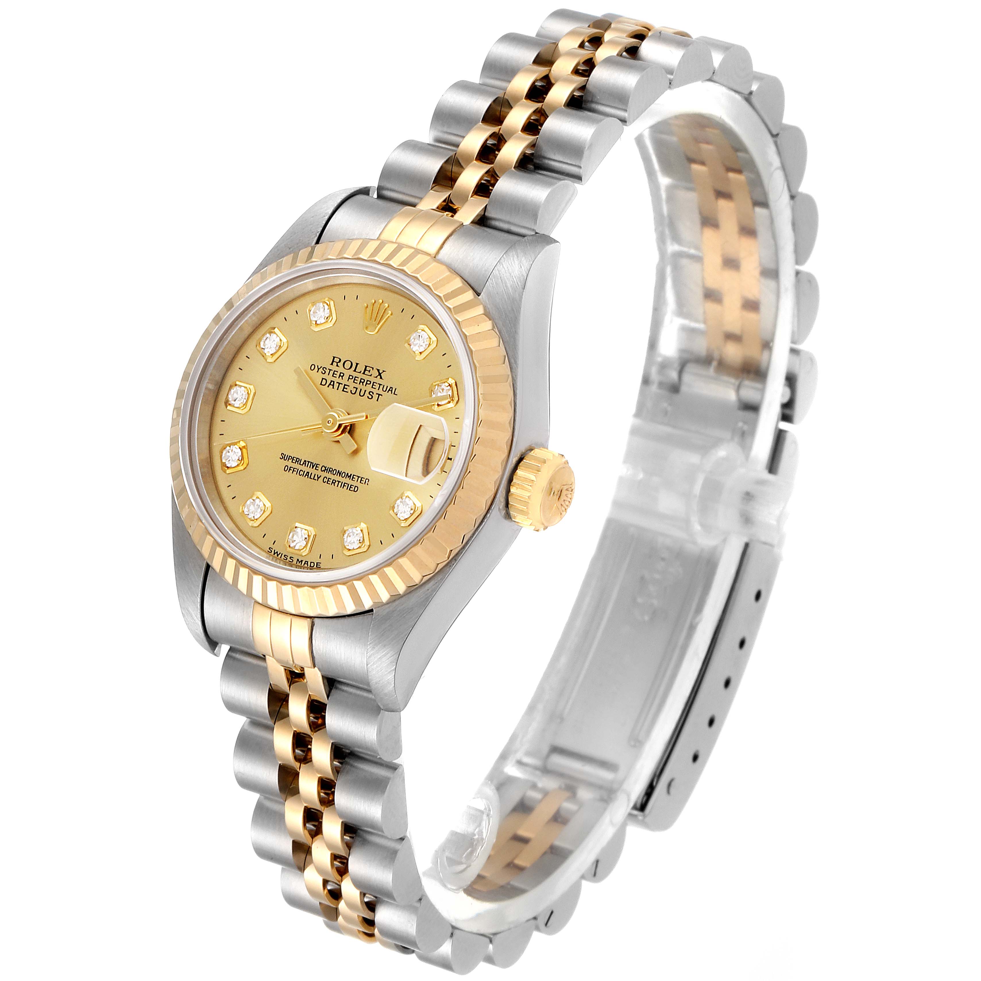 The image shows a Rolex Datejust 69173 Women's Steel and Gold (two tone) Champagne Dial 69173 Women's Steel and Gold (two tone) Champagne Dial watch at a three-quarter angle, highlighting its dial, bracelet, and bezel.