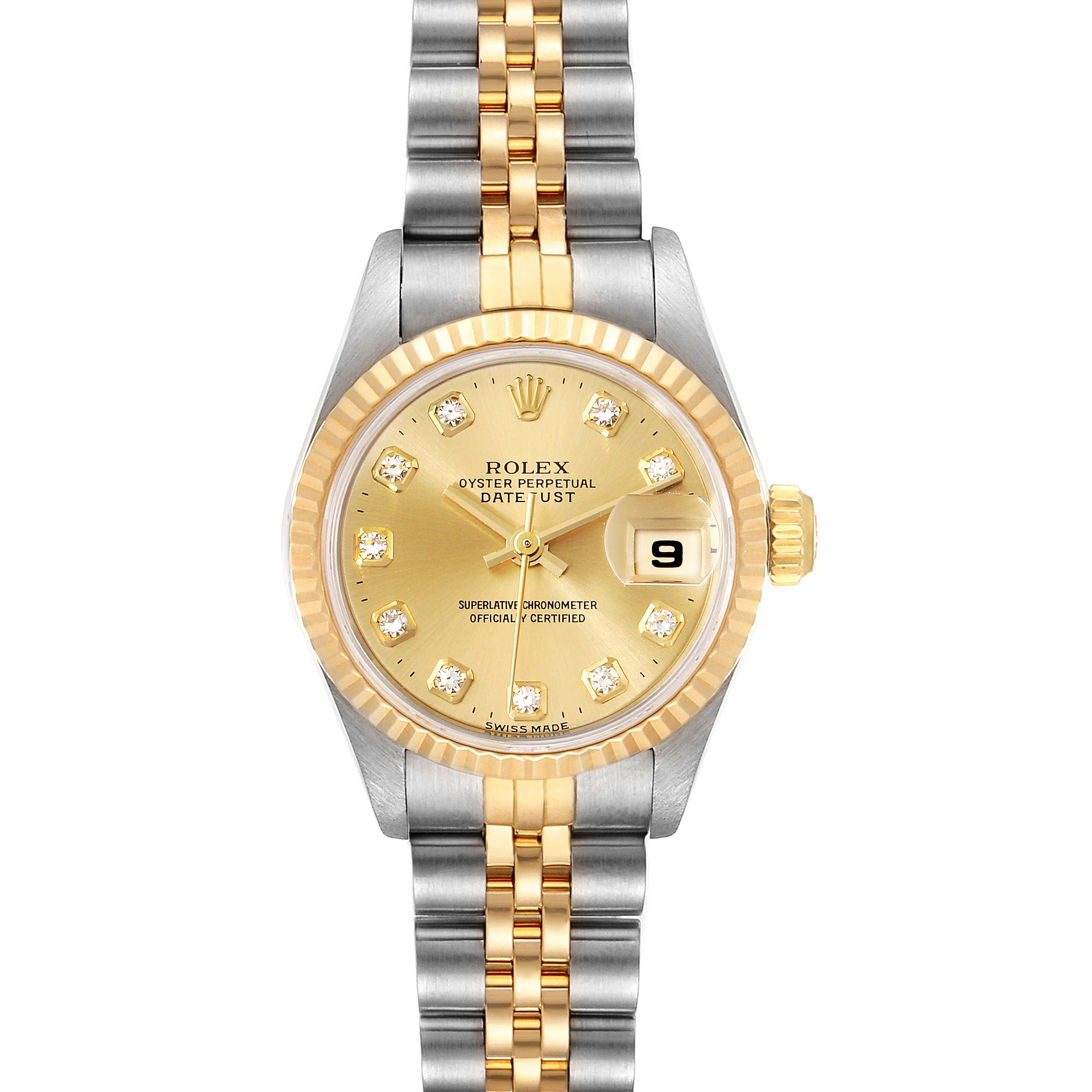 This is a Rolex Datejust 69173 Women's Steel and Gold (two tone) Champagne Dial 69173 Women's Steel and Gold (two tone) Champagne Dial watch shown from the front, showcasing its dial, bezel, and two-tone bracelet.