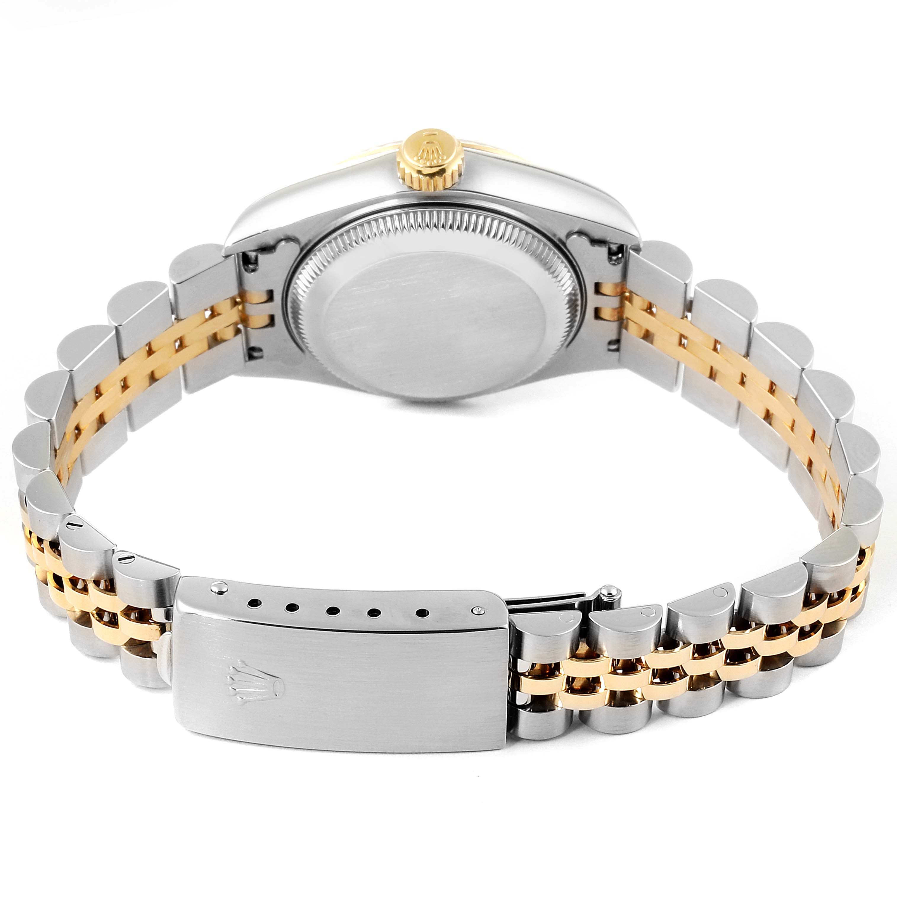 The image shows the back view of a Rolex Datejust 69173 Women's Steel and Gold (two tone) Champagne Dial 69173 Women's Steel and Gold (two tone) Champagne Dial watch, highlighting the case back and the two-tone bracelet with a clasp.