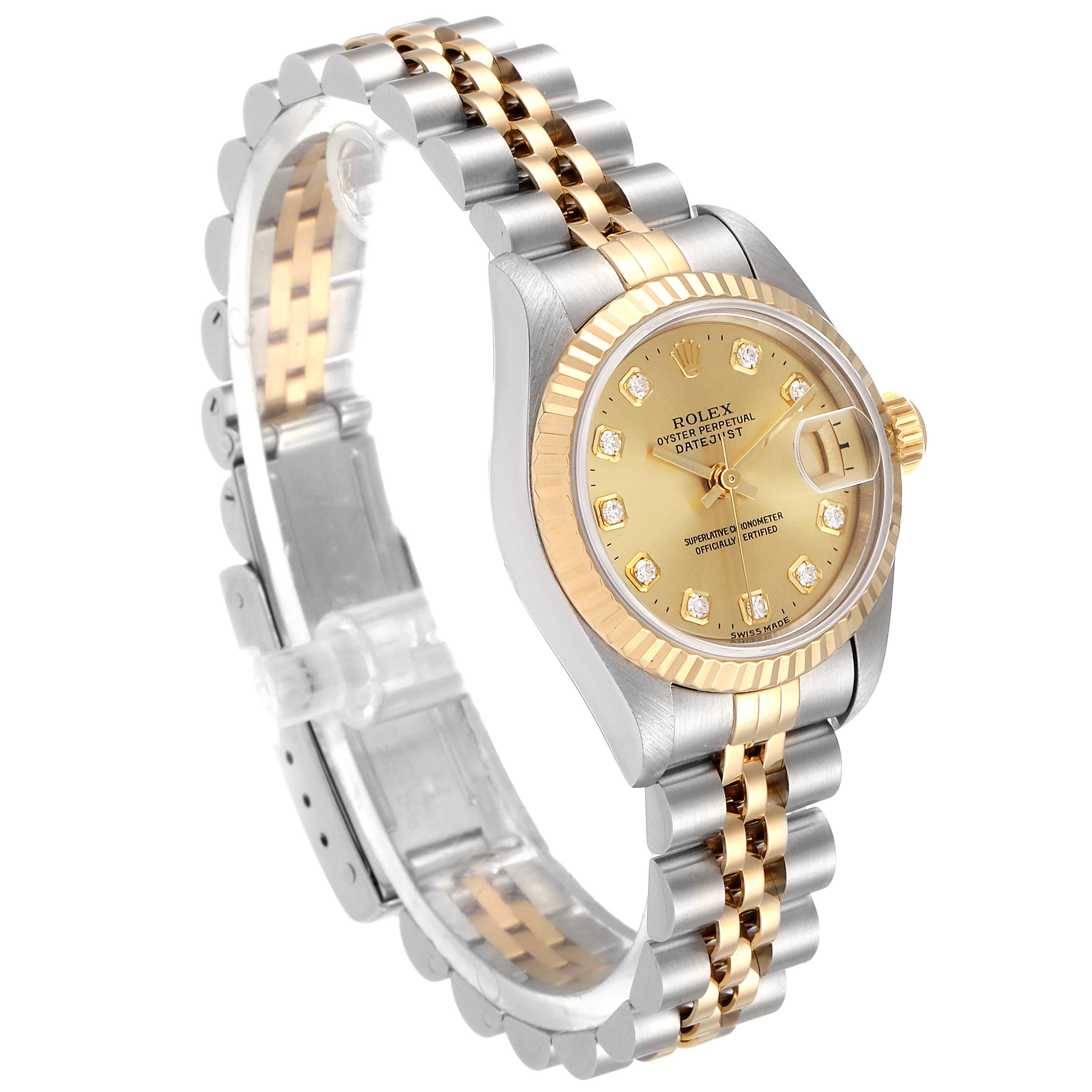 The Rolex Datejust 69173 Women's Steel and Gold (two tone) Champagne Dial 69173 Women's Steel and Gold (two tone) Champagne Dial watch is shown at a side-angle, highlighting its two-tone bracelet, gold bezel, and dial with date magnifier.