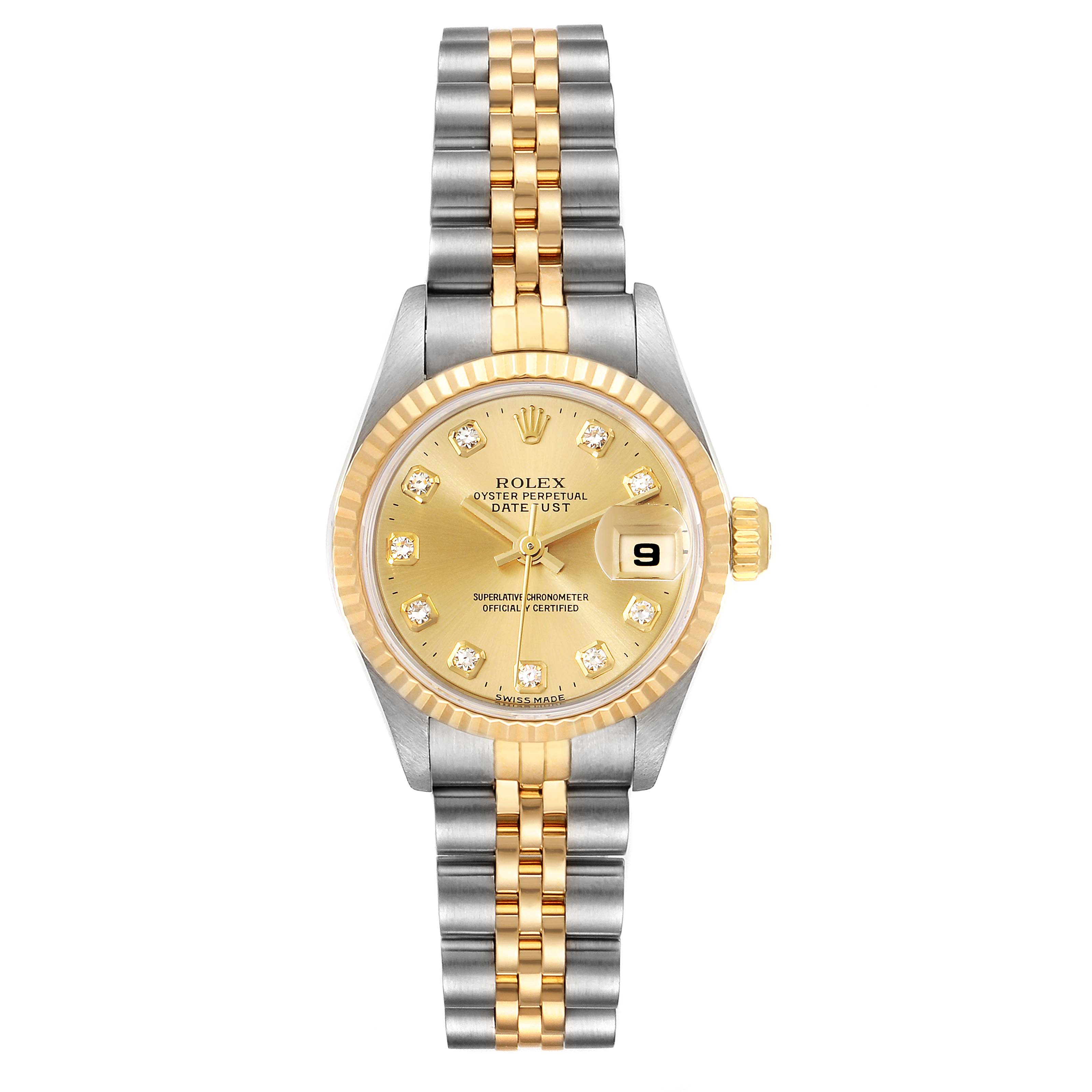 The image shows a Rolex Datejust 69173 Women's Steel and Gold (two tone) Champagne Dial 69173 Women's Steel and Gold (two tone) Champagne Dial watch from a front view, highlighting its gold and silver bracelet, dial, and date window.