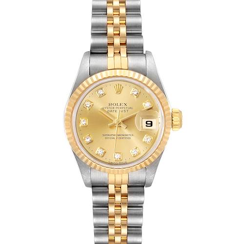 The Rolex Datejust 69173 Women's Steel and Gold (two tone) Champagne Dial 69173 Women's Steel and Gold (two tone) Champagne Dial watch is shown from a top-down angle, displaying its dial, bezel, and bracelet.