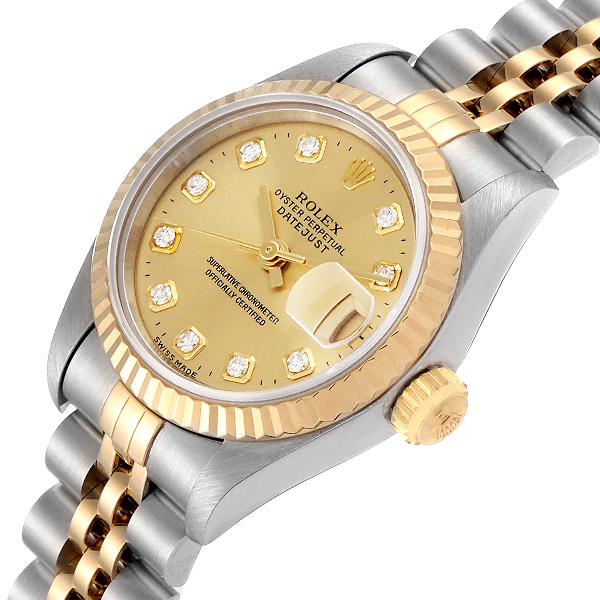 The image shows a Rolex Datejust 69173 Women's Steel and Gold (two tone) Champagne Dial 69173 Women's Steel and Gold (two tone) Champagne Dial watch at a slight angle, revealing the dial, crown, bezel, and part of the bracelet.