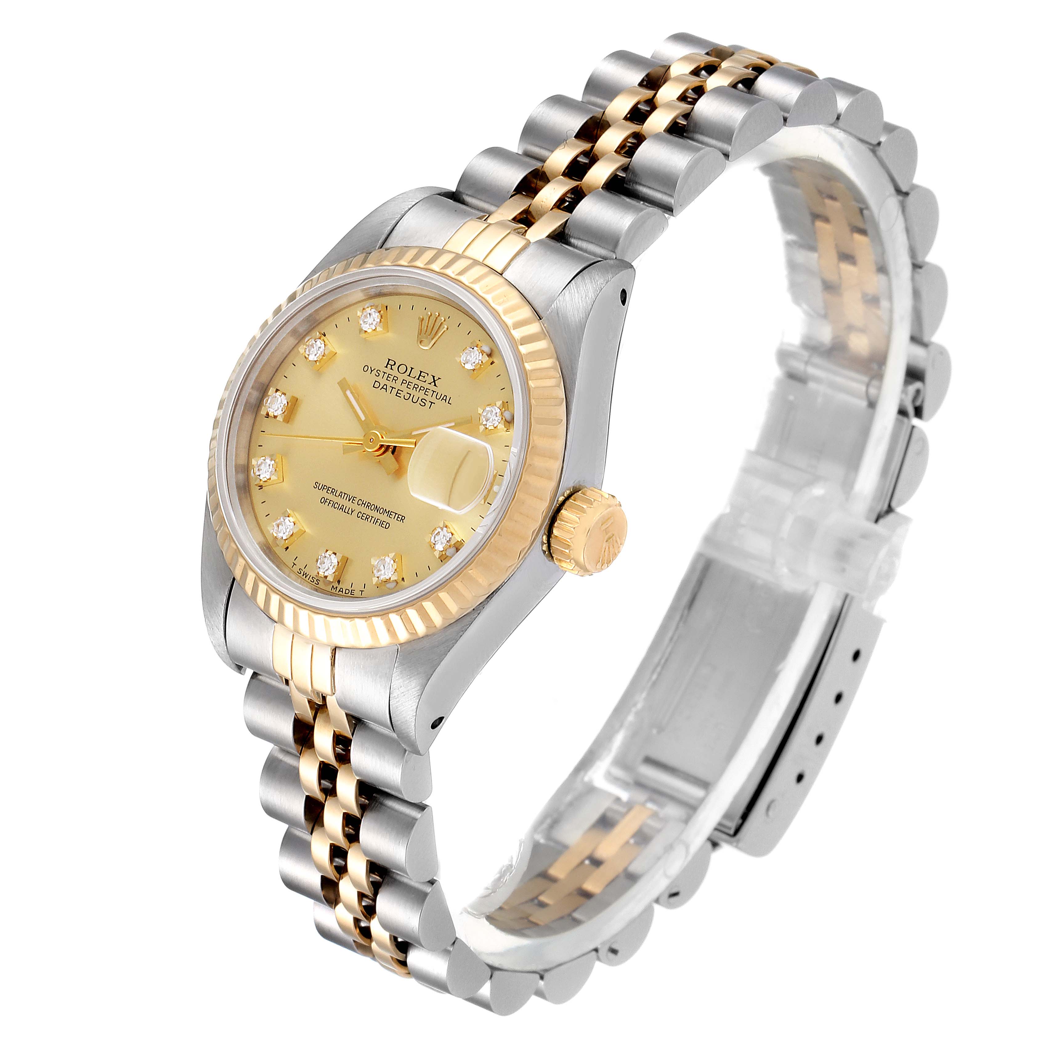 This image shows a Rolex Datejust 69173 Women's Steel and Gold (two tone) Champagne Dial 69173 Women's Steel and Gold (two tone) Champagne Dial watch angled to highlight the gold and silver bracelet, dial, bezel, and crown.