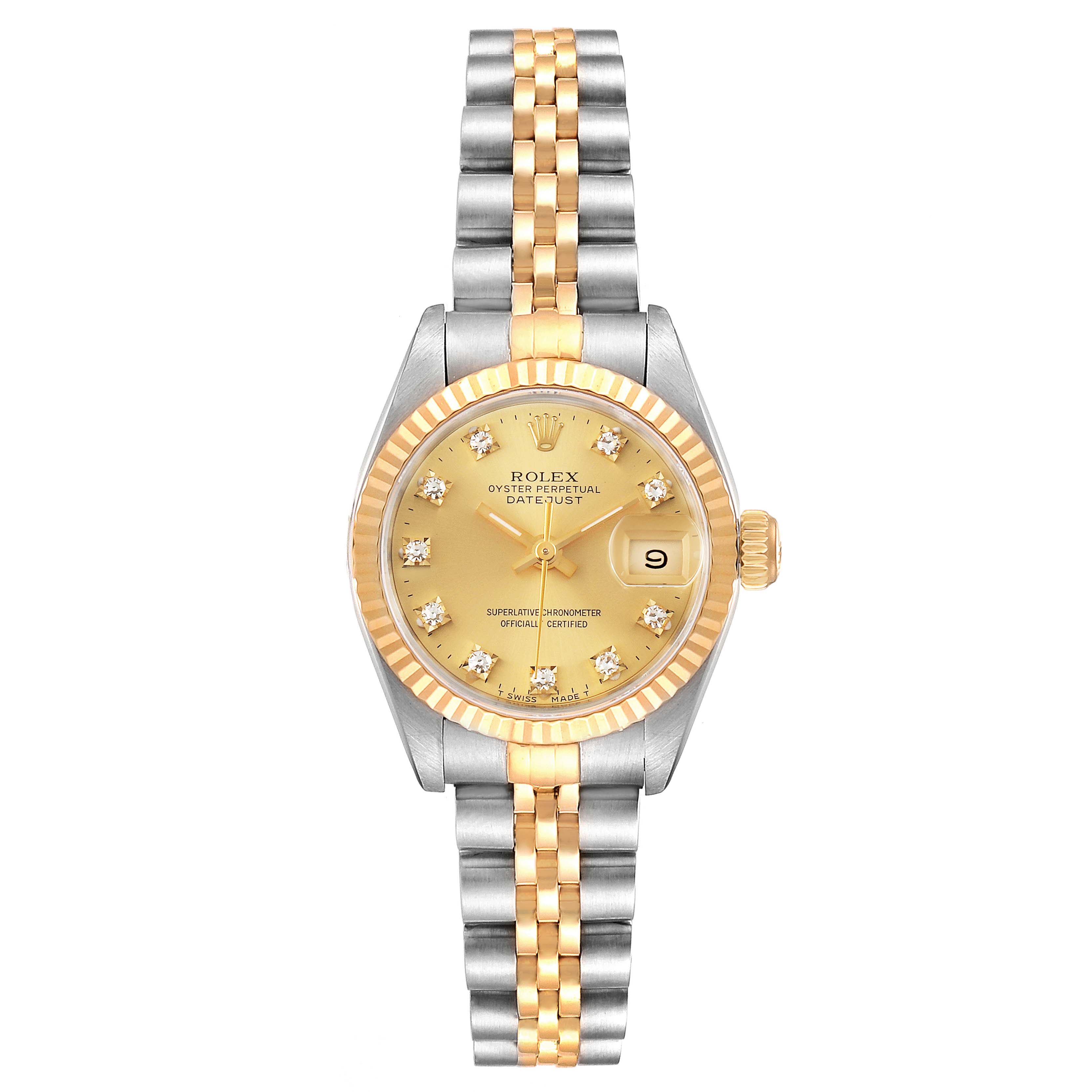 The image shows a front view of a Rolex Datejust 69173 Women's Steel and Gold (two tone) Champagne Dial 69173 Women's Steel and Gold (two tone) Champagne Dial watch, highlighting its face, two-tone bracelet, and fluted bezel.