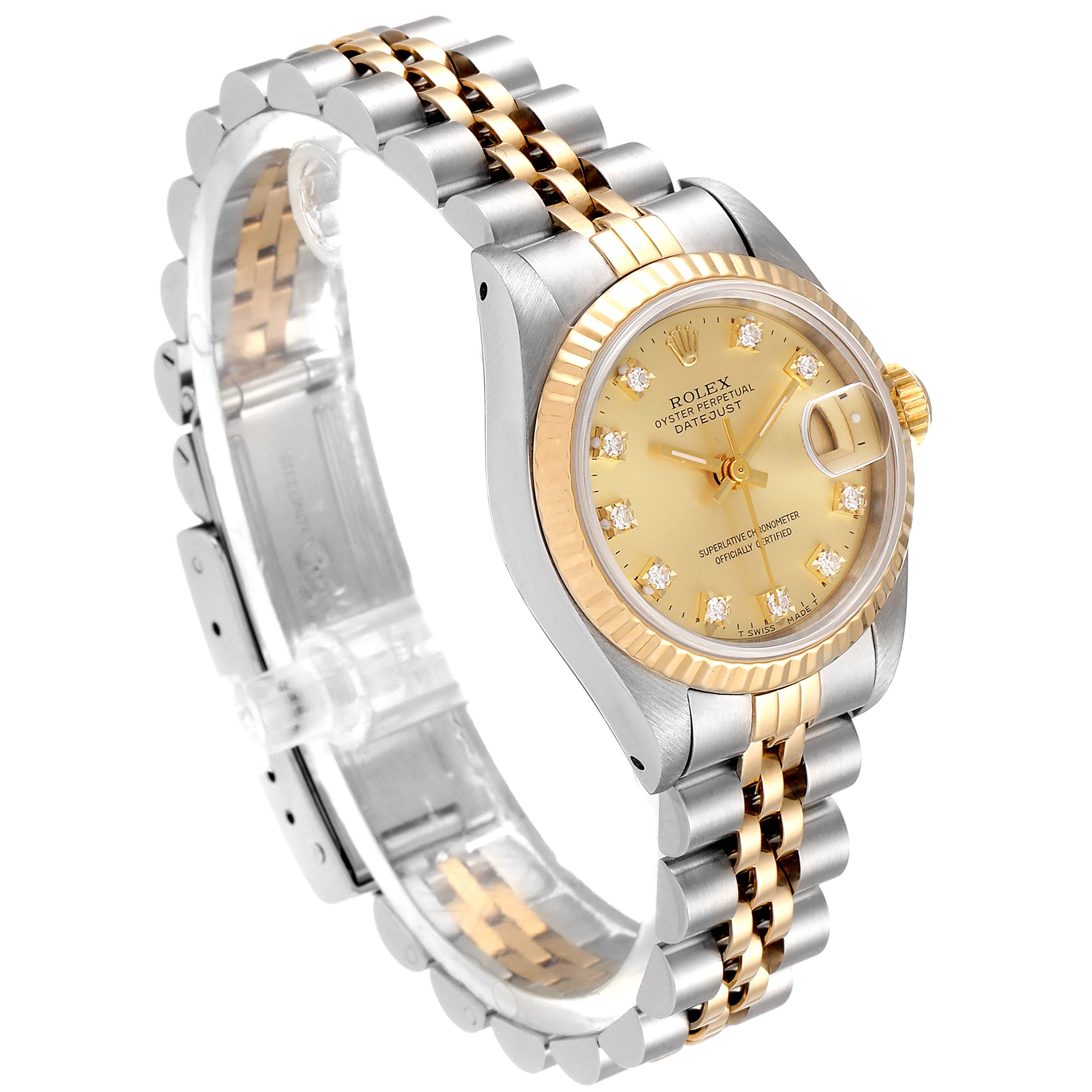 The Rolex Datejust 69173 Women's Steel and Gold (two tone) Champagne Dial 69173 Women's Steel and Gold (two tone) Champagne Dial watch is shown at an oblique angle, highlighting its face, bezel, and two-tone bracelet.