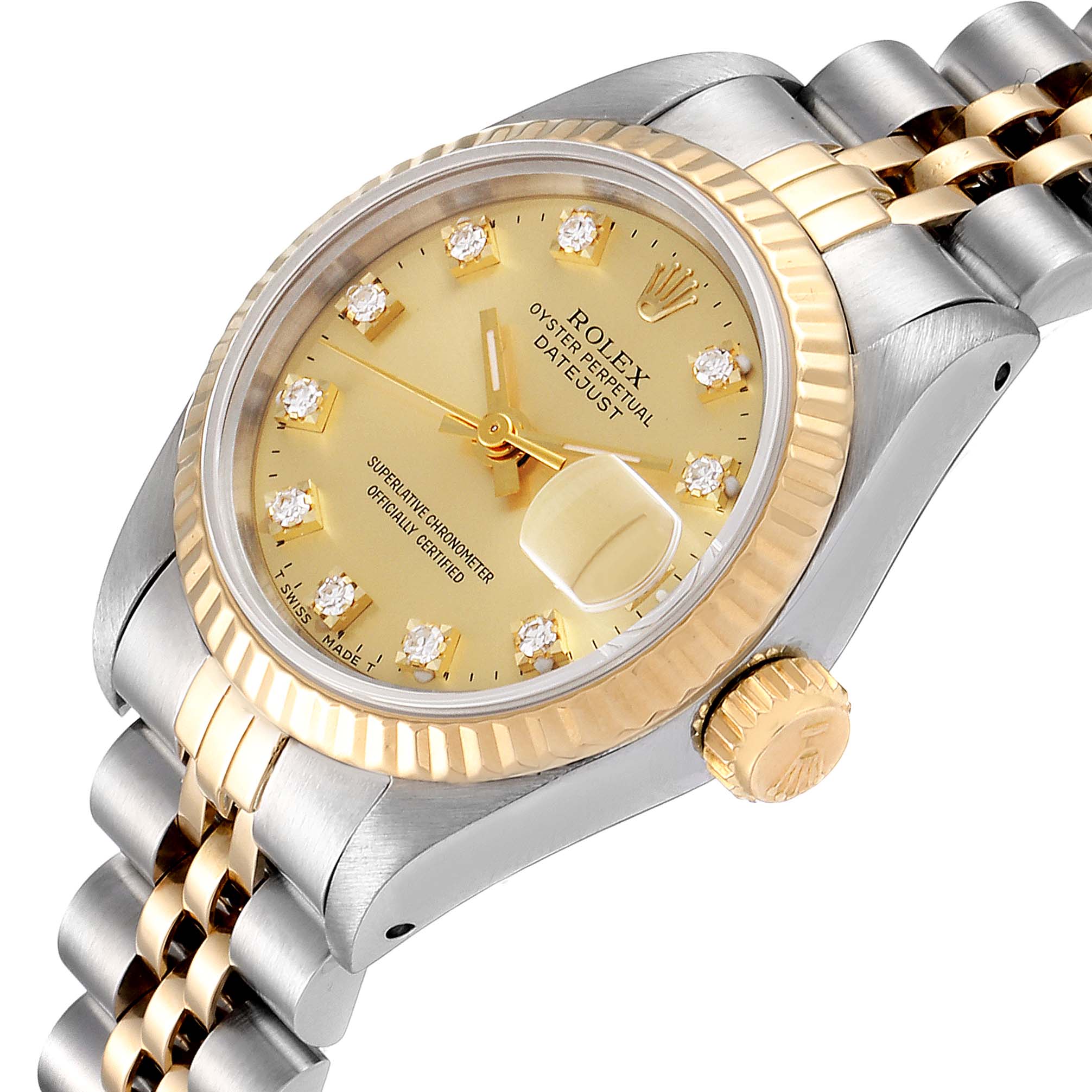 This image shows a Rolex Datejust 69173 Women's Steel and Gold (two tone) Champagne Dial 69173 Women's Steel and Gold (two tone) Champagne Dial watch at a slight angle, displaying the face, bezel, crown, and part of the bracelet.