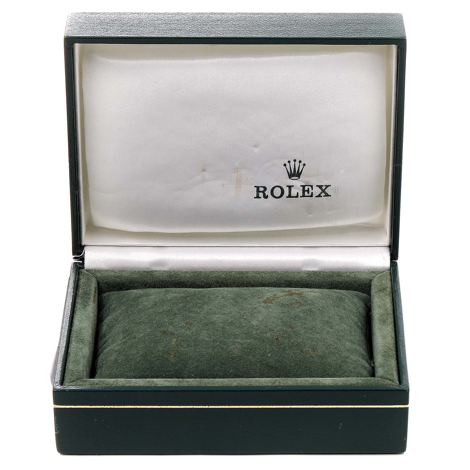 This is a Rolex Datejust 69173 Women's Steel and Gold (two tone) Champagne Dial 69173 Women's Steel and Gold (two tone) Champagne Dial watch box, shown open from a front angle with green interior and the Rolex logo.