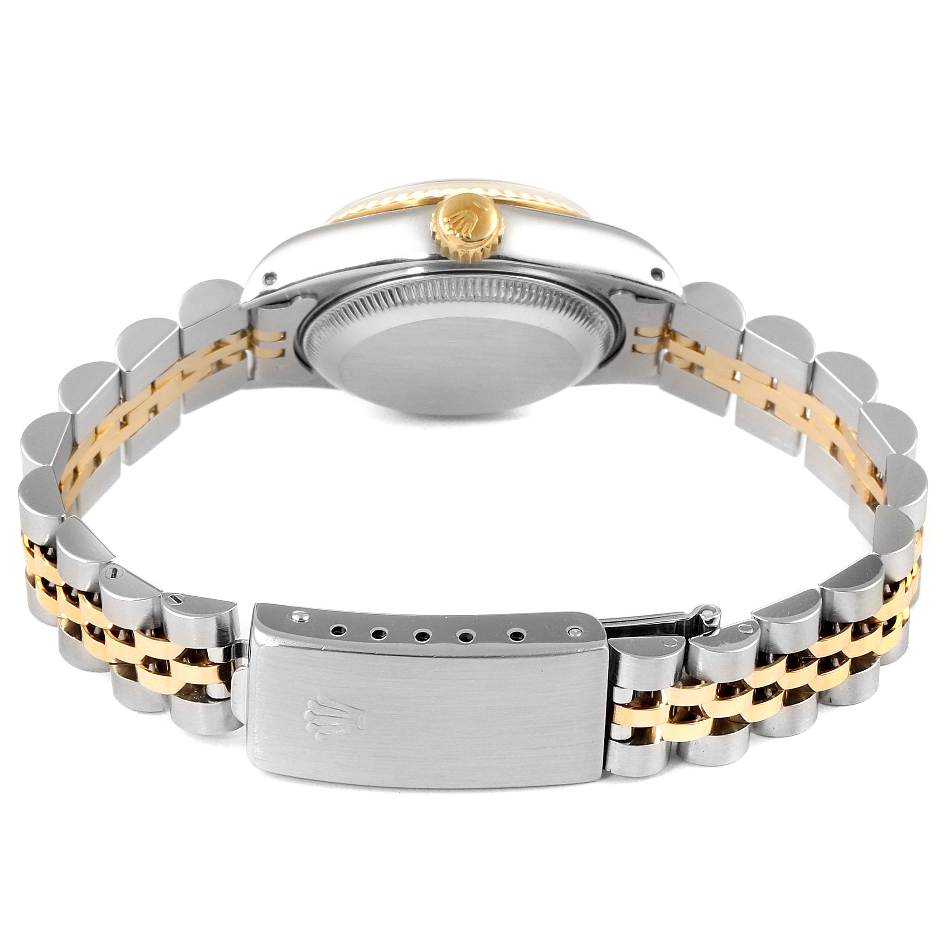 The image shows the back view of the Rolex Datejust 69173 Women's Steel and Gold (two tone) Champagne Dial 69173 Women's Steel and Gold (two tone) Champagne Dial watch, focusing on the case back, crown, and two-tone jubilee bracelet.