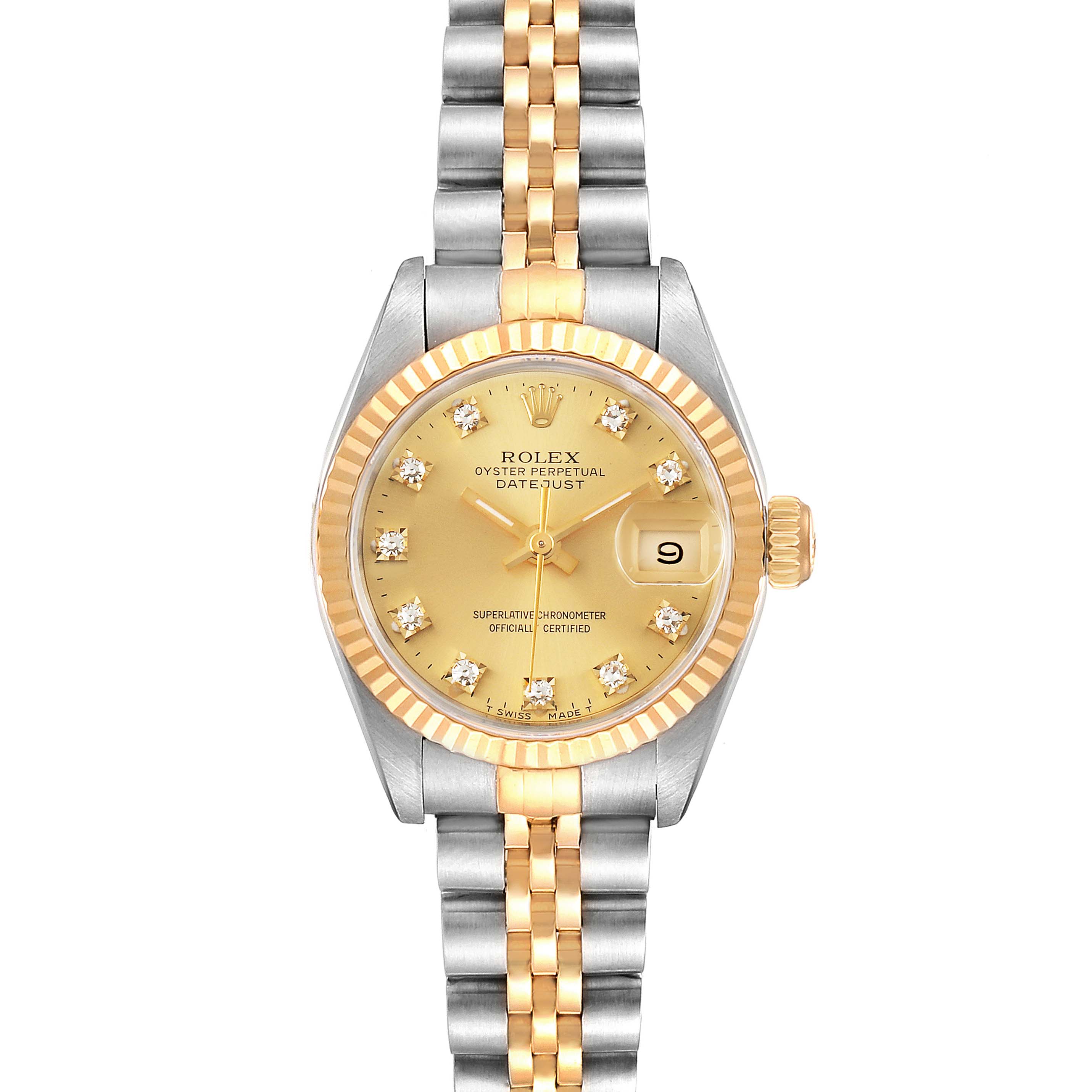 The Rolex Datejust 69173 Women's Steel and Gold (two tone) Champagne Dial 69173 Women's Steel and Gold (two tone) Champagne Dial watch is shown from a front angle, displaying its face, bezel, bracelet, and date window.