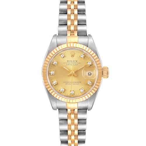 The image shows a front view of a Rolex Datejust 69173 Women's Steel and Gold (two tone) Champagne Dial 69173 Women's Steel and Gold (two tone) Champagne Dial watch, highlighting its gold dial, fluted bezel, and two-tone bracelet.