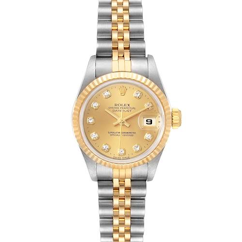 The Rolex Datejust 69173 Women's Steel and Gold (two tone) Champagne Dial 69173 Women's Steel and Gold (two tone) Champagne Dial watch is shown from the front, displaying the face, bezel, and bracelet.