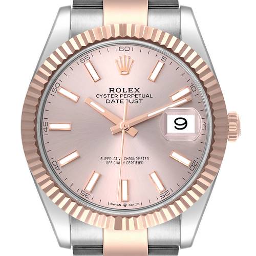 The Rolex Datejust 41 126331 Men's Steel and Gold (two tone) Pink Dial 126331 Men's Steel and Gold (two tone) Pink Dial is shown from a frontal angle, highlighting the dial, bezel, markers, hands, and part of the bracelet.