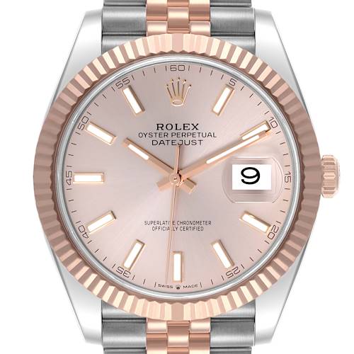 The Rolex Datejust 41 126331 Men's Steel and Gold (two tone) Pink Dial 126331 Men's Steel and Gold (two tone) Pink Dial is shown from a front angle, highlighting the dial, bezel, crown, and part of the bracelet.
