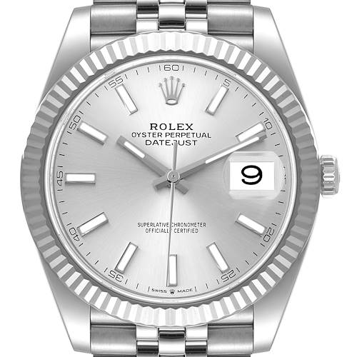 The Rolex Datejust 41 126334 Men's Stainless Steel Silver Dial 126334 Men's Stainless Steel Silver Dial watch is shown from a front angle, highlighting the dial, bezel, and part of the bracelet.