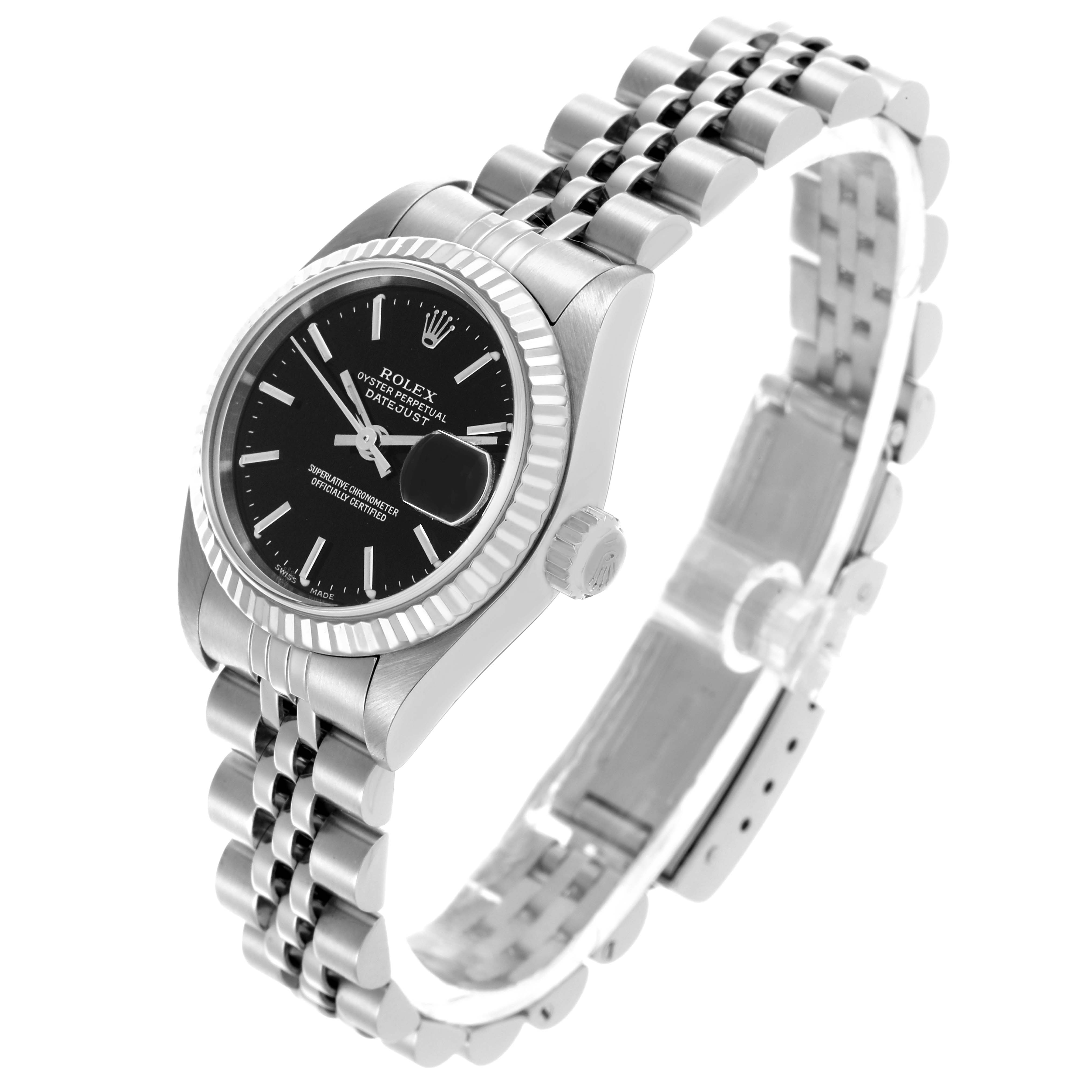 The Rolex Datejust 79174 Women's Stainless Steel Black Dial 79174 Women's Stainless Steel Black Dial is shown at an angle highlighting the face, bezel, crown, and part of the bracelet.