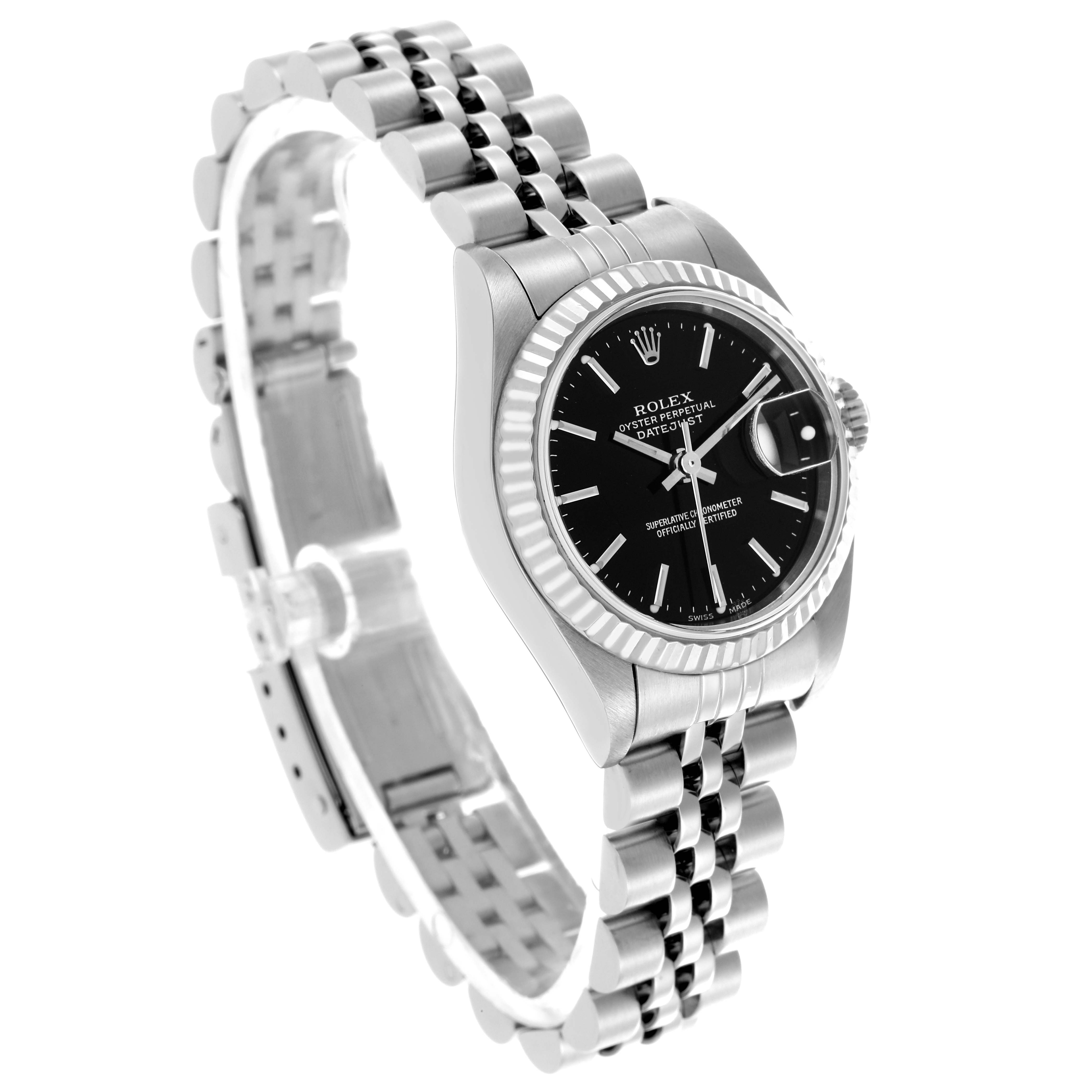 The Rolex Datejust 79174 Women's Stainless Steel Black Dial 79174 Women's Stainless Steel Black Dial watch is shown at an angled side view, highlighting the dial, bracelet, and fluted bezel.