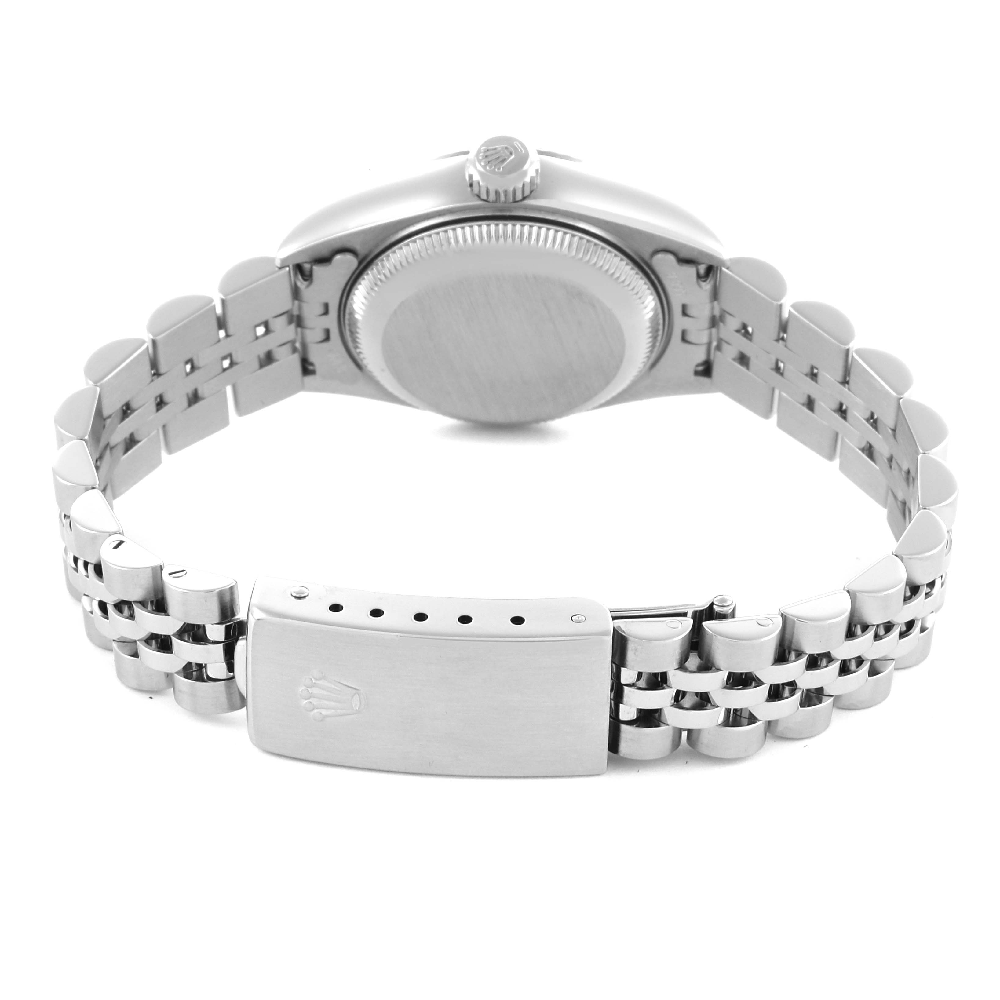 The photo shows the back and clasp of a Rolex Datejust 79174 Women's Stainless Steel Black Dial 79174 Women's Stainless Steel Black Dial watch with a Jubilee bracelet.