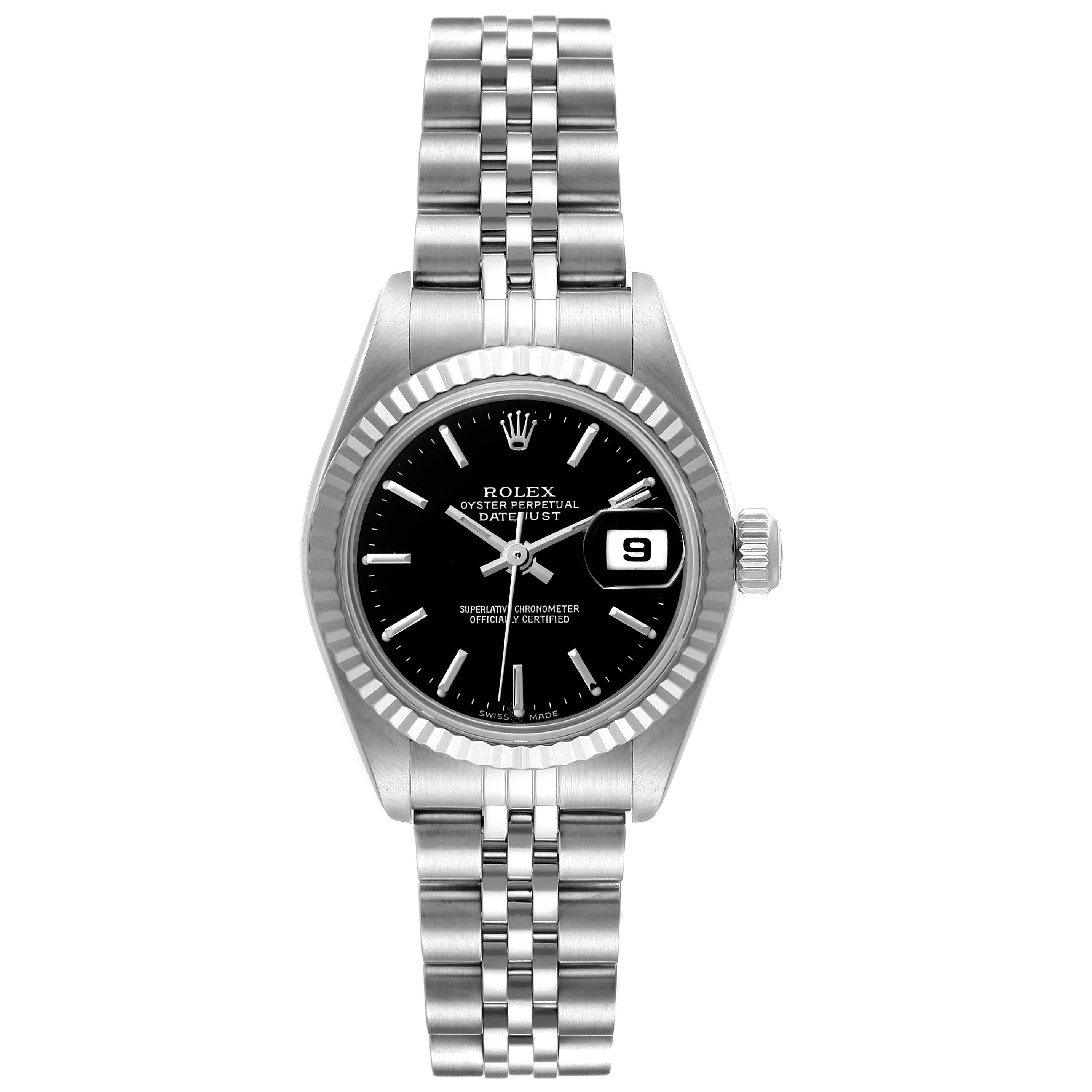 The Rolex Datejust 79174 Women's Stainless Steel Black Dial 79174 Women's Stainless Steel Black Dial is shown from a front angle, displaying the dial, bezel, and bracelet.