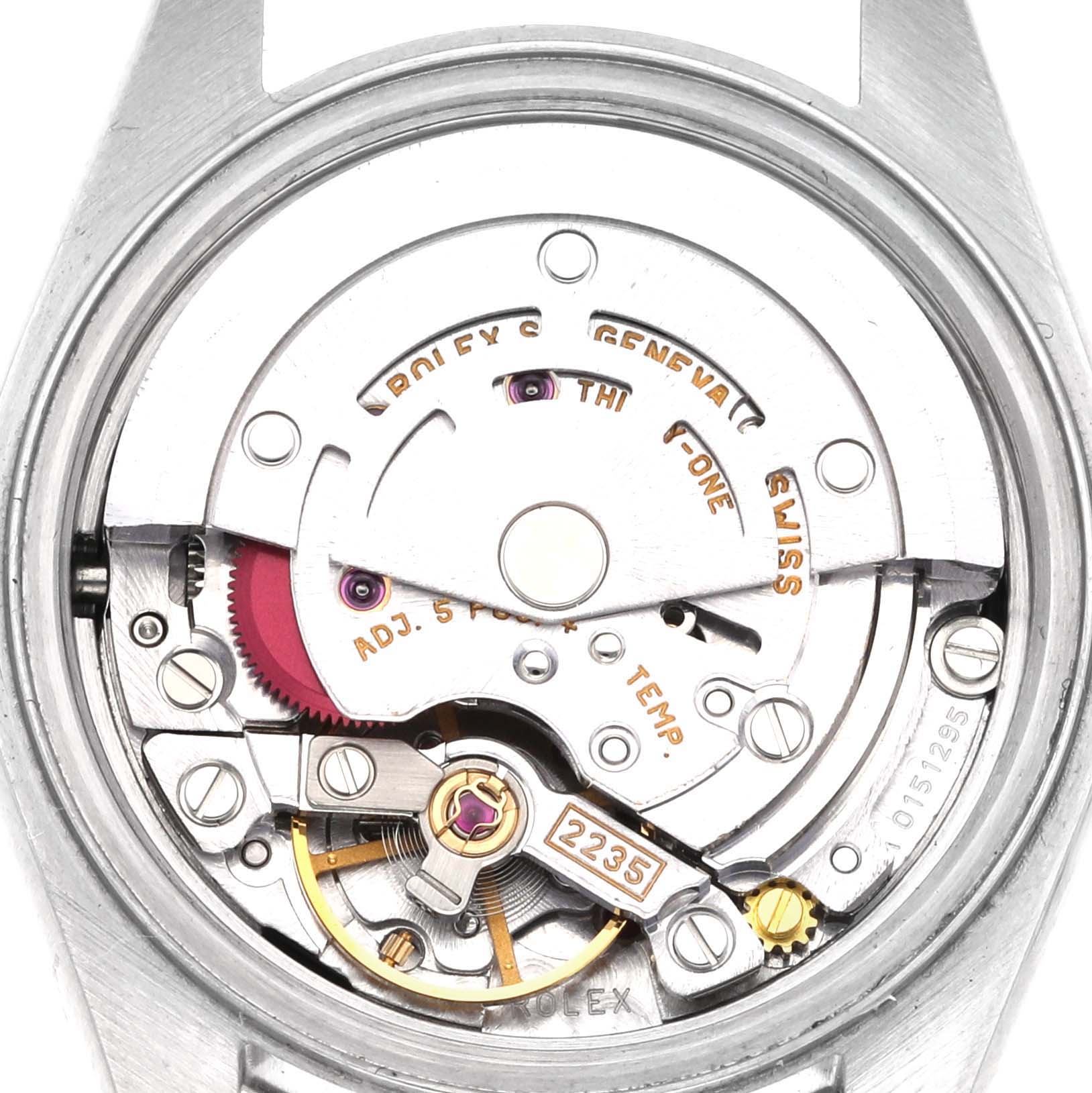 The image shows the internal movement mechanism of the Rolex Datejust 79174 Women's Stainless Steel Black Dial 79174 Women's Stainless Steel Black Dial watch from the back.