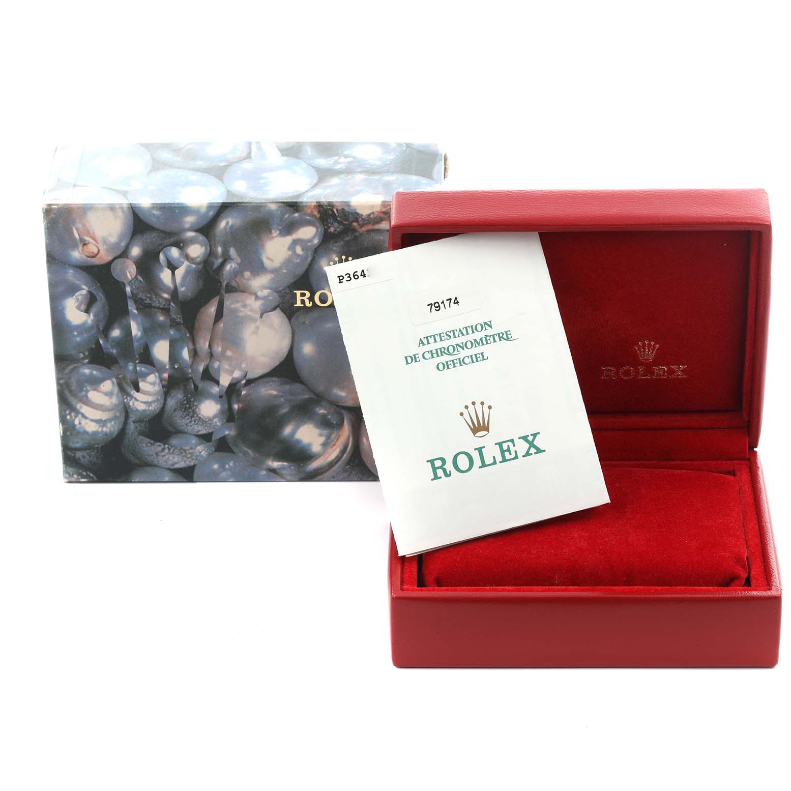 The image shows a Rolex Datejust 79174 Women's Stainless Steel Black Dial 79174 Women's Stainless Steel Black Dial watch box, a certificate, and an outer box from a front angle.