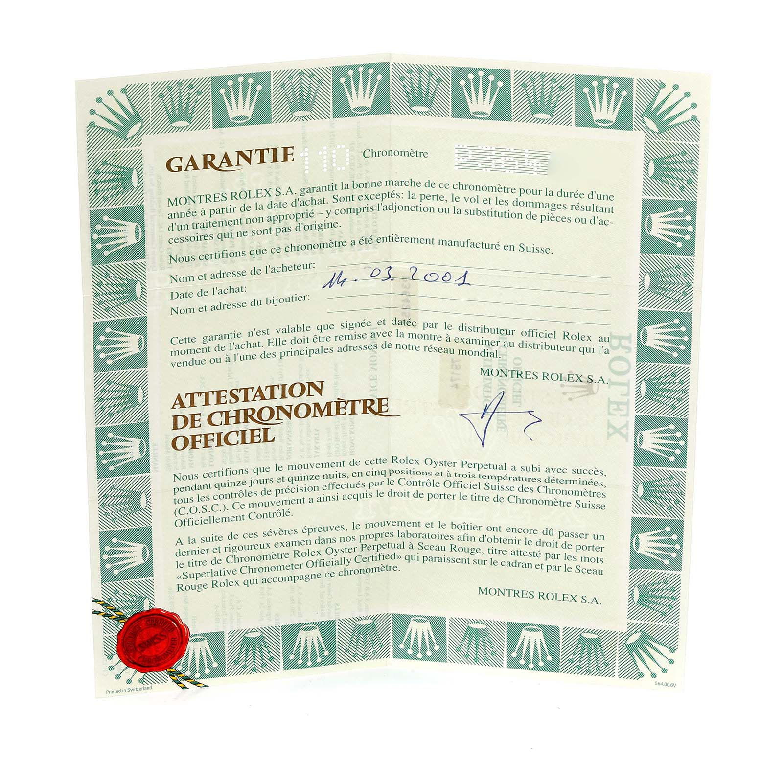 The image shows the warranty certificate for the Rolex Datejust 79174 Women's Stainless Steel Black Dial 79174 Women's Stainless Steel Black Dial watch.