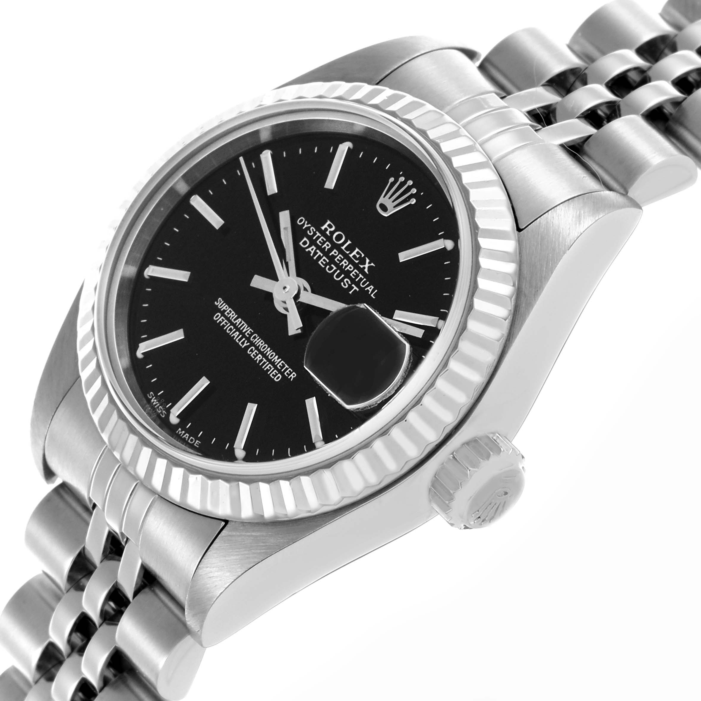 The image shows a Rolex Datejust 79174 Women's Stainless Steel Black Dial 79174 Women's Stainless Steel Black Dial watch from a side angle, highlighting the black dial, fluted bezel, and part of the bracelet.
