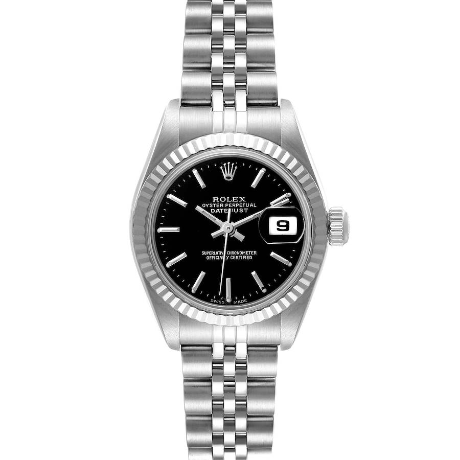 The Rolex Datejust 79174 Women's Stainless Steel Black Dial 79174 Women's Stainless Steel Black Dial watch is shown from the front, displaying the dial, bezel, bracelet, and crown.