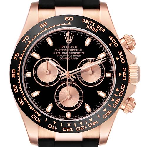 The image shows a frontal view of a Rolex Daytona 116515LN Men's Rose Gold Black Dial 116515LN Men's Rose Gold Black Dial watch, highlighting the bezel, dial, and chronograph sub-dials.