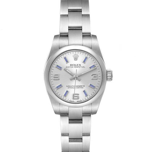 The Rolex Oyster Perpetual 176200 Women's Stainless Steel Silver Dial 176200 Women's Stainless Steel Silver Dial watch is shown from a front angle, highlighting the dial, bezel, and bracelet.