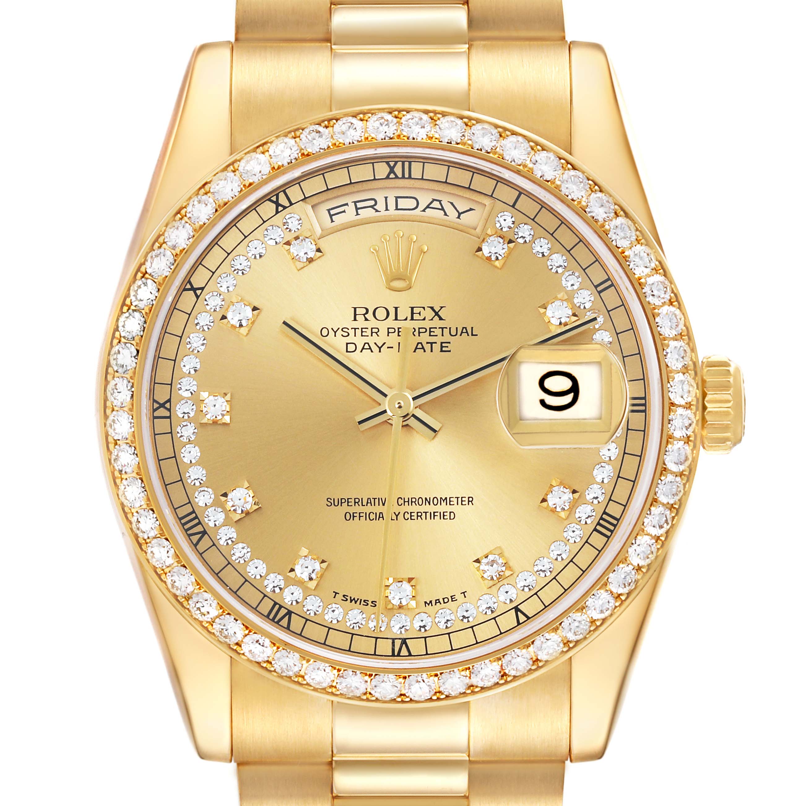 The image shows a frontal view of the Rolex President 118348 Men's Yellow Gold Champagne Dial 118348 Men's Yellow Gold Champagne Dial model, highlighting its dial, bezel, and part of the bracelet.