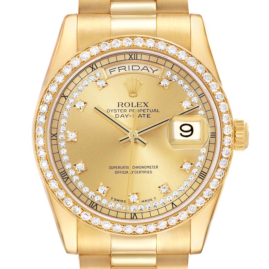 The image shows a frontal view of the Rolex President 118348 Men's Yellow Gold Champagne Dial 118348 Men's Yellow Gold Champagne Dial model, highlighting its dial, bezel, and part of the bracelet.