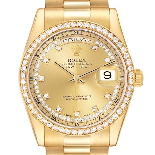 The Rolex President 118348 Men's Yellow Gold Champagne Dial 118348 Men's Yellow Gold Champagne Dial model watch is shown from the front, highlighting the dial, diamond bezel, and part of the bracelet.