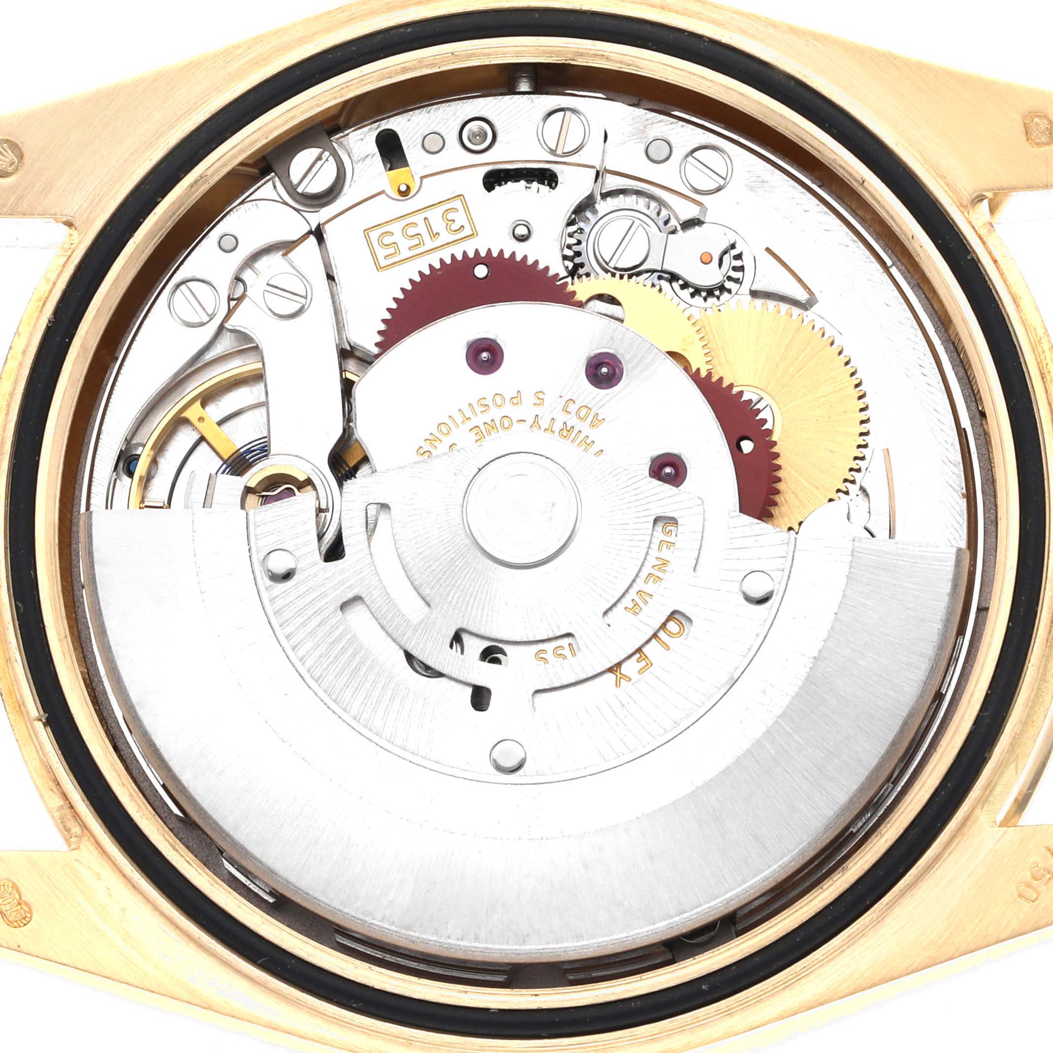 The image shows the internal mechanism of a Rolex President 118348 Men's Yellow Gold Champagne Dial 118348 Men's Yellow Gold Champagne Dial model watch, highlighting its intricate components.